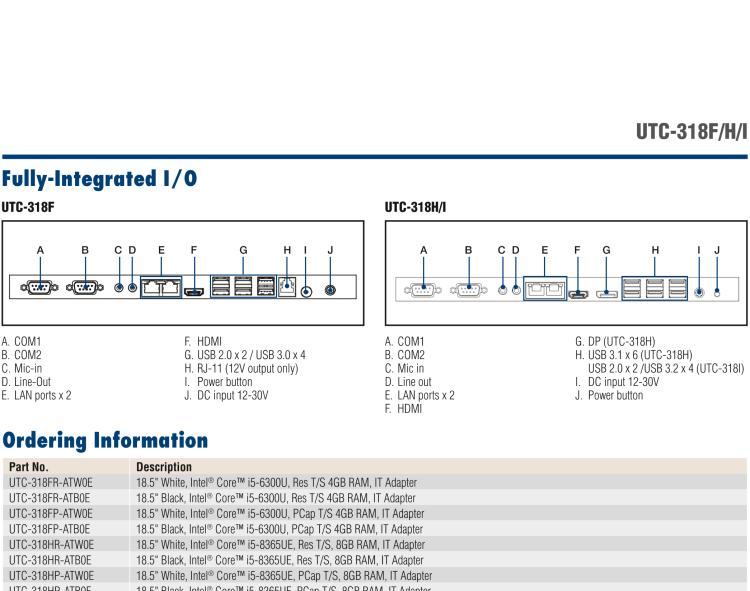 研華UTC-318H 18.5" 多功能觸控一體機(jī)，內(nèi)置 Intel? Core? i5-8365UE / Core? i3-8145UE