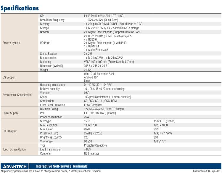 研華UTC-115G 15.6" 多功能觸控一體機 UTC-115G ，配備Intel? Celeron? N3450 /Pentium? N4200