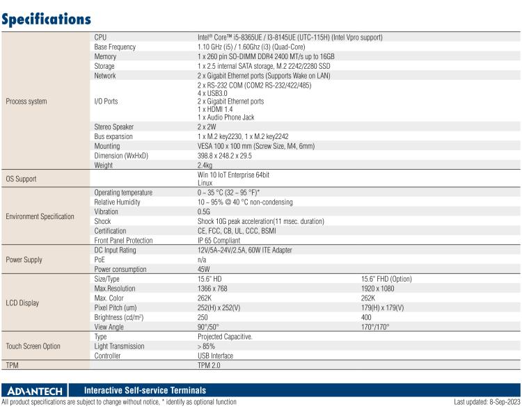 研華UTC-115H 15.6" 多功能觸控一體機，搭載 Intel? Core? i5-8365UE