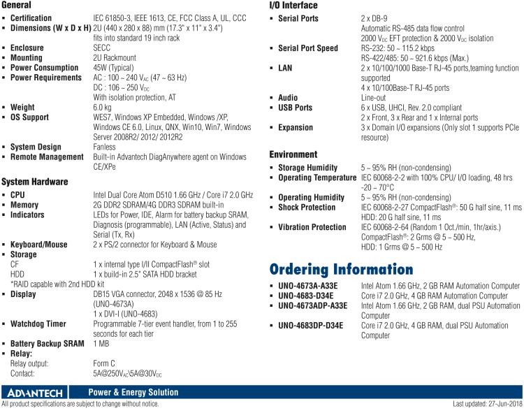 研華UNO-4673A Intel? Atom ? D510 變電站專用機(jī)，帶6×LAN, 2×COM, 3×擴(kuò)展槽