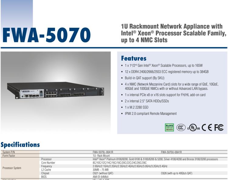 研華FWA-5070 基于Intel?Xeon?處理器可擴(kuò)展系列1U機(jī)架式網(wǎng)絡(luò)應(yīng)用平臺，最高支持4個NMC插槽