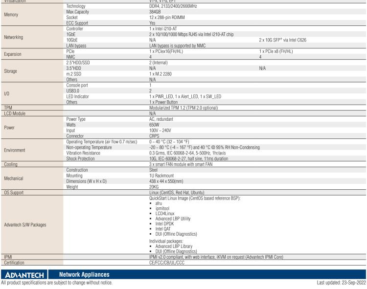 研華FWA-5070 基于Intel?Xeon?處理器可擴(kuò)展系列1U機(jī)架式網(wǎng)絡(luò)應(yīng)用平臺，最高支持4個NMC插槽