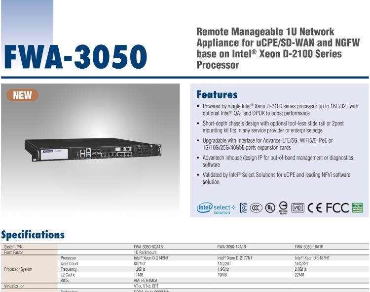 研華FWA-3050 基于Intel?Xeon D-2100系列處理器，用于uCPE和下一代防火墻的遠(yuǎn)程可管理1U網(wǎng)絡(luò)應(yīng)用平臺