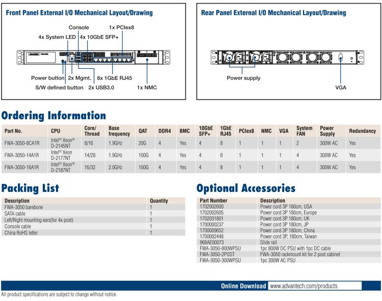 研華FWA-3050 基于Intel?Xeon D-2100系列處理器，用于uCPE和下一代防火墻的遠(yuǎn)程可管理1U網(wǎng)絡(luò)應(yīng)用平臺