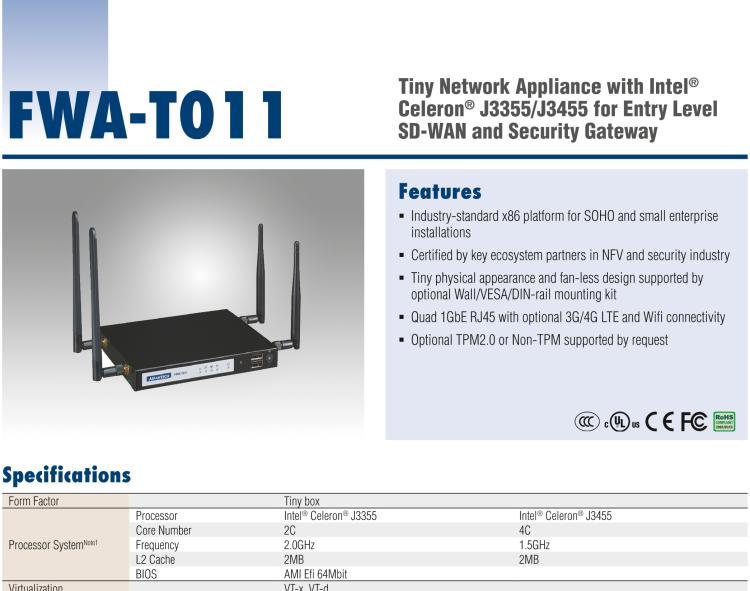 研華FWA-T011 基于Intel? Celeron? N3350/J3455 入門級SD-WAN，安全網(wǎng)關(guān)微型網(wǎng)絡應用平臺