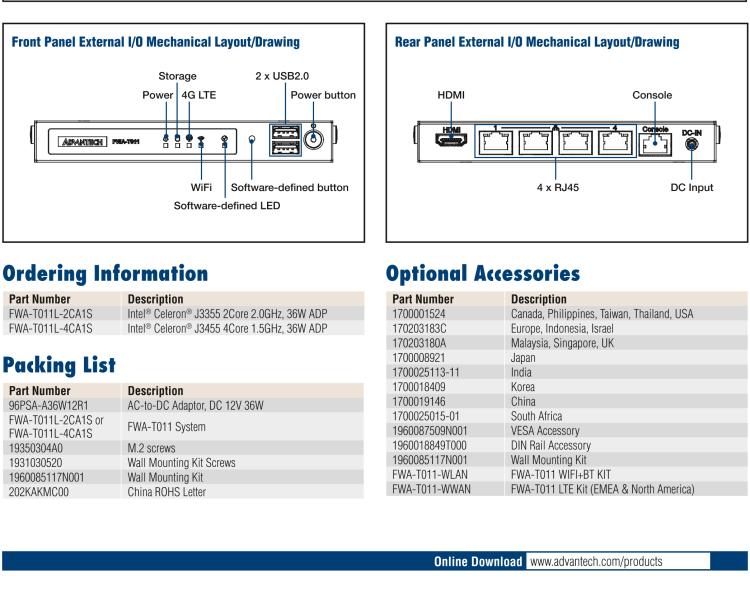 研華FWA-T011 基于Intel? Celeron? N3350/J3455 入門級SD-WAN，安全網(wǎng)關(guān)微型網(wǎng)絡應用平臺