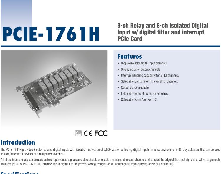 研華PCIE-1761H 8通道繼電器和8通道隔離式數(shù)字輸入，帶數(shù)字濾波器和中斷PCIe卡