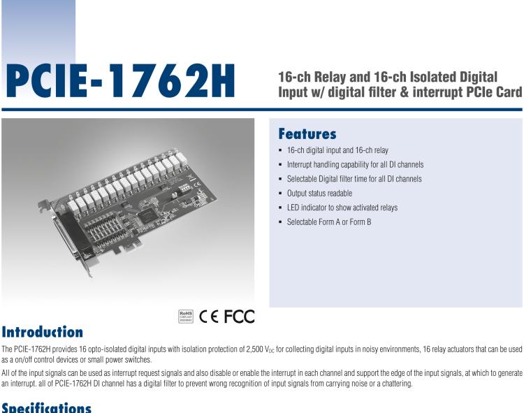 研華PCIE-1762H 16 通道繼電器和 16 通道隔離數(shù)字輸入，帶數(shù)字濾波器和中斷 PCIe 卡