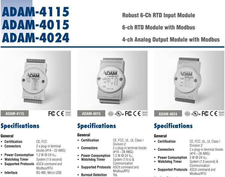 研華ADAM-4115-B ADAM-4115 6 通道 RTD 輸入模塊可接受多種 RTD 傳感器類型，包括 Pt100、Pt1000、Ni50、Ni508 和 Balco 500 系列