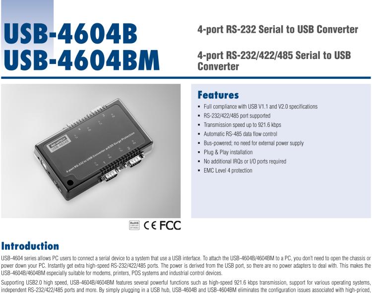 研華USB-4604BM USB轉(zhuǎn)4端口RS-232/422/485 轉(zhuǎn)換器，帶浪涌保護(hù)