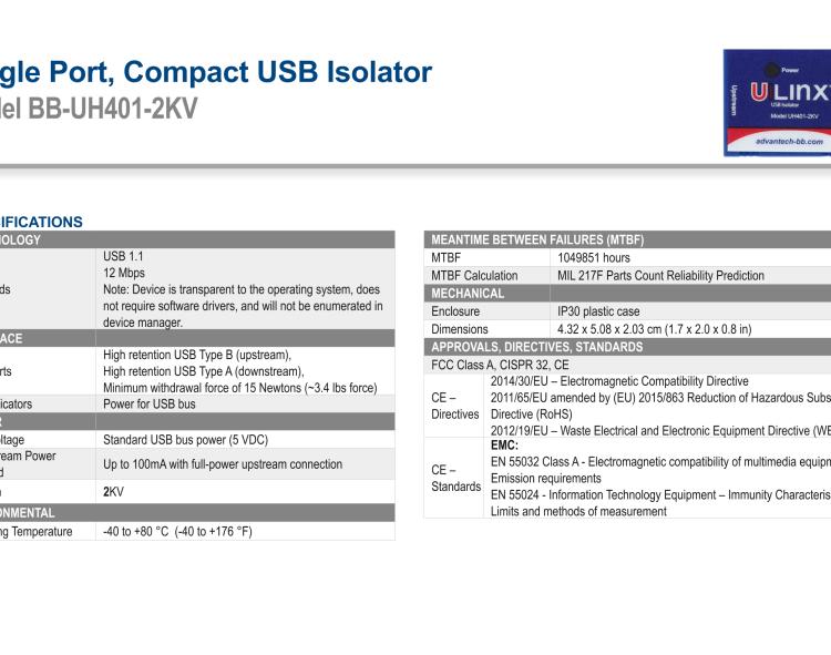 研華BB-UH401-2KV USB 2.0 2 kV隔離器，1端口，12 Mbps全速