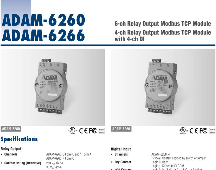 研華ADAM-6266 支持Modbus TCP的4路繼電器輸出模塊，帶4路DI
