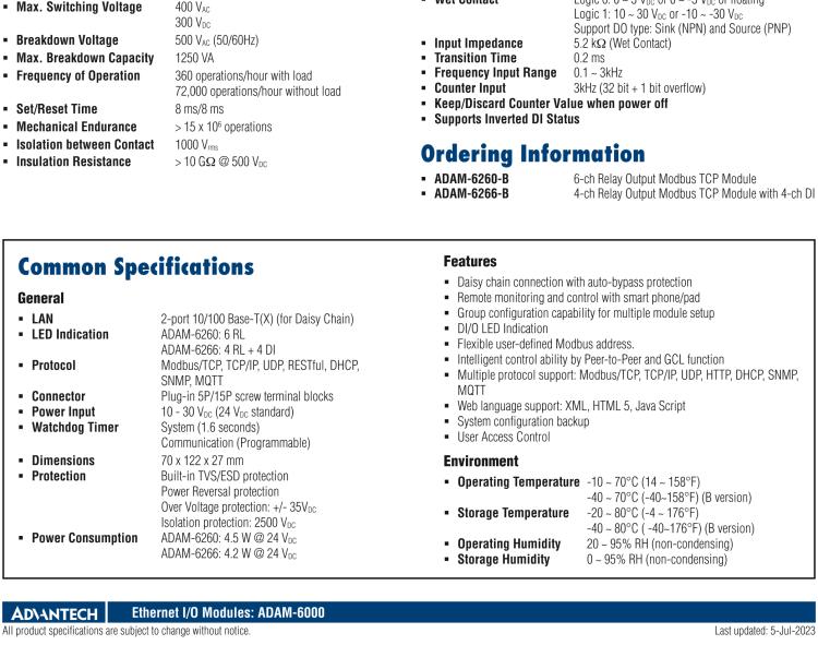 研華ADAM-6266 支持Modbus TCP的4路繼電器輸出模塊，帶4路DI
