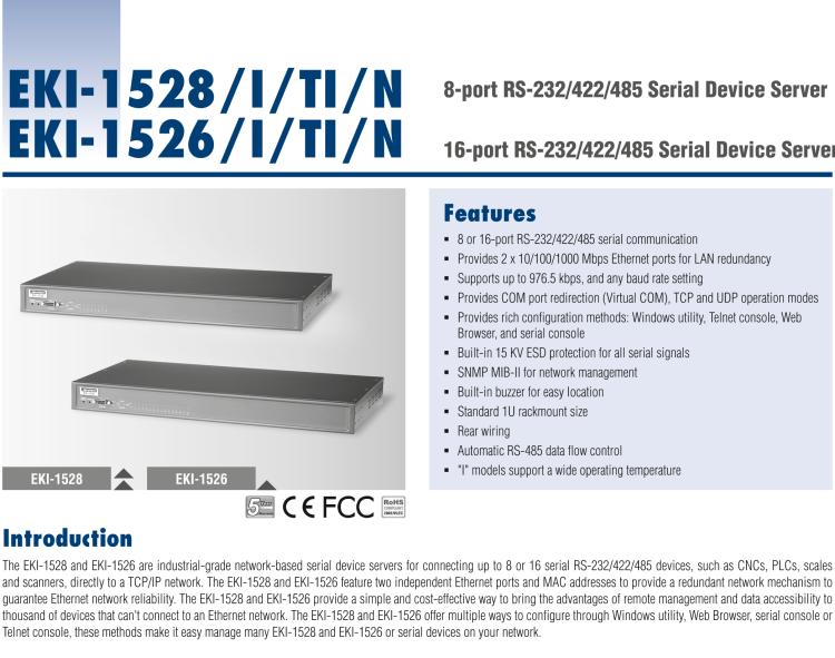 研華EKI-1526T 16端口RS-232/422/485串口設(shè)備聯(lián)網(wǎng)服務器 w/ DC 輸入