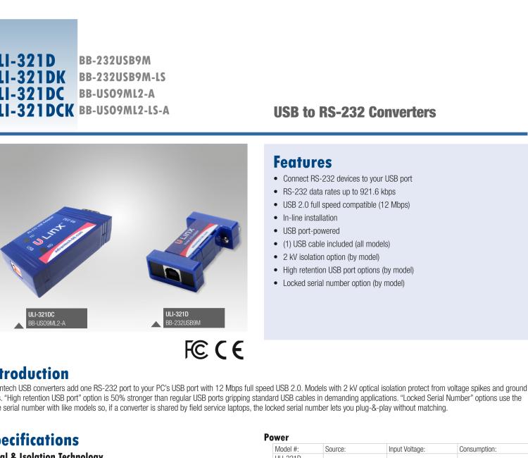 研華BB-232USB9M-LS ULI-321DK USB 2.0到RS-232轉(zhuǎn)換器，DB9公頭 端口號鎖定