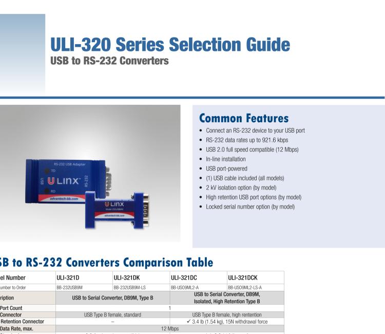 研華BB-232USB9M-LS ULI-321DK USB 2.0到RS-232轉(zhuǎn)換器，DB9公頭 端口號鎖定