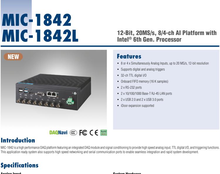 研華MIC-1842 12 位、20MS/s、8/4 通道 AI 平臺(tái)，采用英特爾?酷睿? i5/賽揚(yáng)?處理器