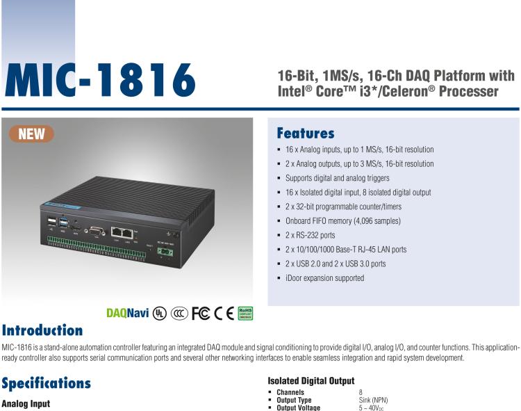 研華MIC-1816 具有Core?i3 /Celeron?處理器的16位，1 MS / s，16通道DAQ平臺