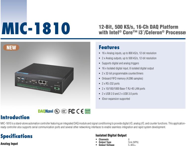 研華MIC-1810 帶有Core?i3 /Celeron?處理器的12位，500 KS / s，16通道DAQ平臺(tái)
