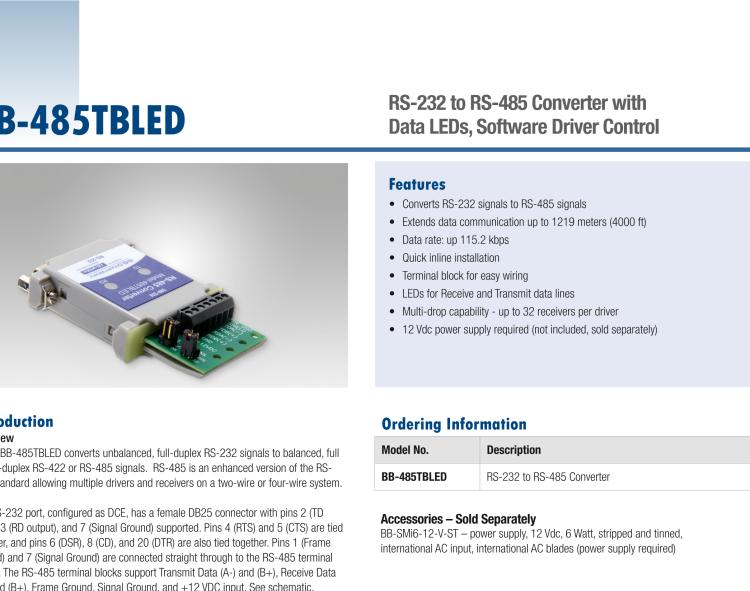研華BB-485TBLED 串口轉(zhuǎn)換器，RS-232 DB25 母頭至RS-485 TB