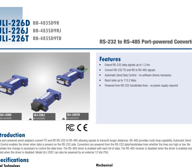 研華BB-485SD9RJ ULI-226J RS-232（DB9母頭）至RS-485 2線(xiàn)（RJ 11）轉(zhuǎn)換器