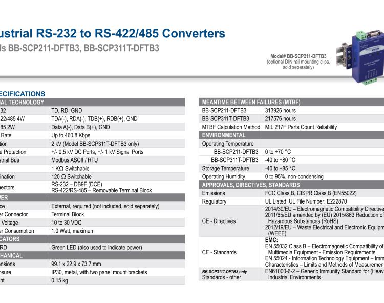研華BB-SCP311T-DFTB3 ULI-224THC 寬溫度范圍、隔離式、RS-232 至 422/485 轉換器