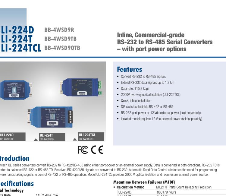研華BB-485BAT3 ULI-224TB RS-232（DB9母頭至RS-422/485（接線(xiàn)端子）轉(zhuǎn)換器，電池供電