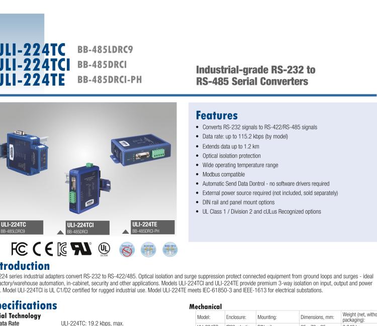 研華BB-485BAT3 ULI-224TB RS-232（DB9母頭至RS-422/485（接線(xiàn)端子）轉(zhuǎn)換器，電池供電