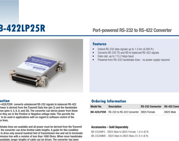 研華BB-422LP25R 串口轉(zhuǎn)換器，RS-232 DB-25 F至RS-422 DB25 M，端口供電