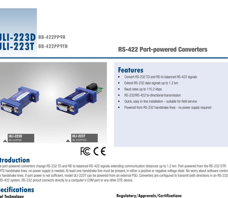 研華BB-422PP9TB ULI-223T RS-232（DB9母頭）至RS-422（接線端子）轉換器，端口供電
